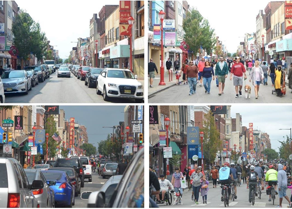 A collage of five images showing streets with cares on them transformed into alternative use locations for walking, biking, and other recreational activities